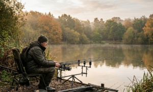 An angler sitting by a misty UK lake during autumn, tending to a three-rod carp fishing setup on a rod pod. The background features vibrant autumnal trees, perfectly capturing the essence of seasonal carp fishing in the UK.