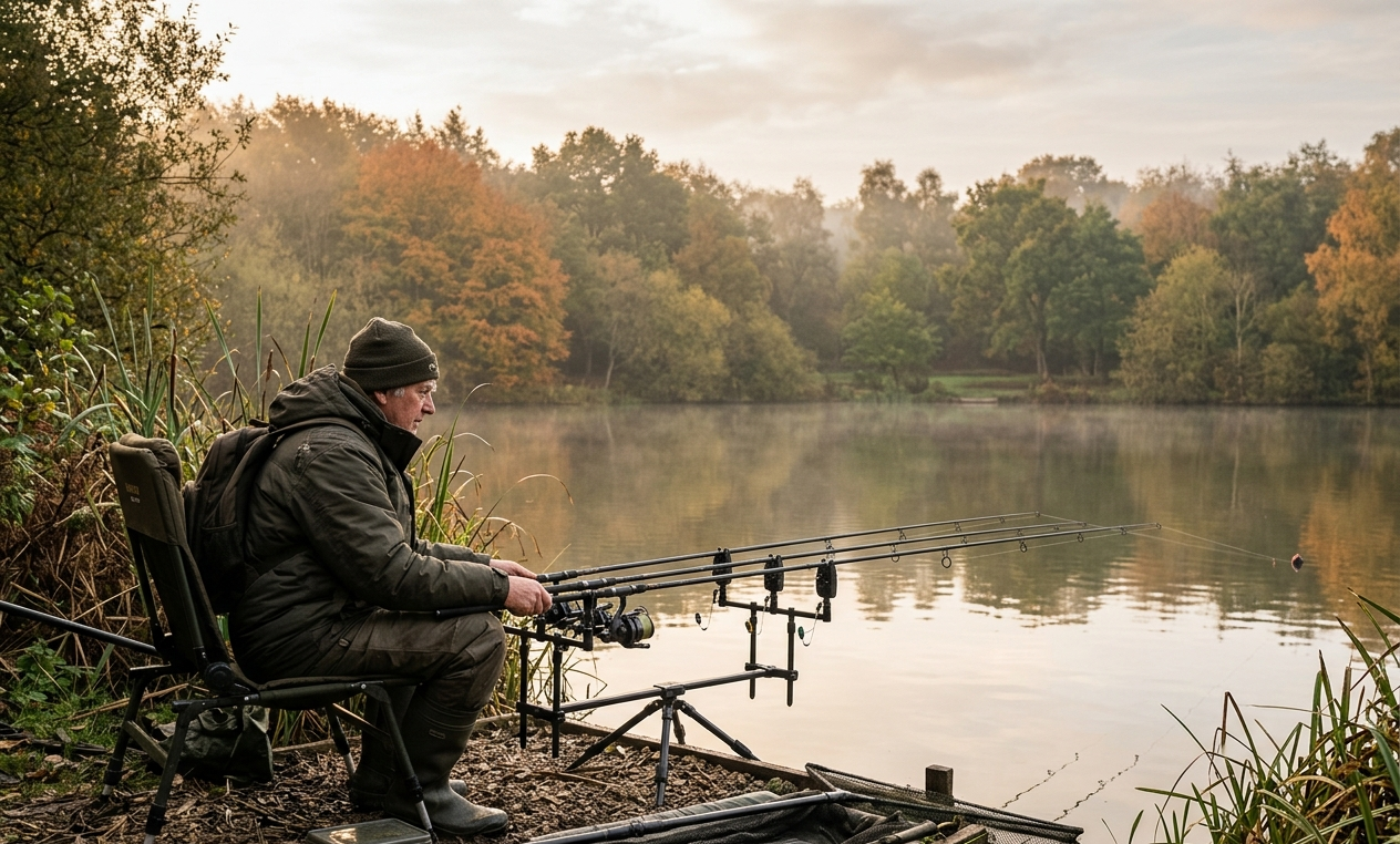 An angler sitting by a misty UK lake during autumn, tending to a three-rod carp fishing setup on a rod pod. The background features vibrant autumnal trees, perfectly capturing the essence of seasonal carp fishing in the UK.