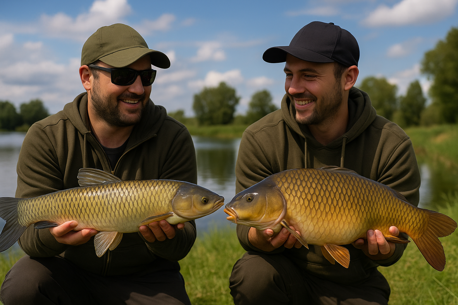 Two smiling anglers by a lakeside holding different carp species—one with a long, slender grass carp and the other with a deep-bodied common carp, highlighting the visual differences