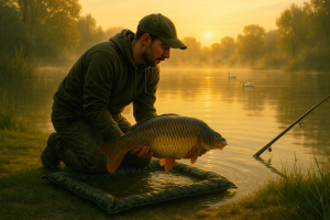 Carp angler kneeling beside a calm lake at sunrise, gently releasing a healthy carp onto an unhooking mat, demonstrating responsible fish care and conservation.
